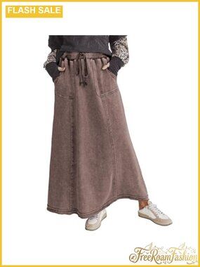 High Waist Acid Wash Maxi Skirt with Pockets